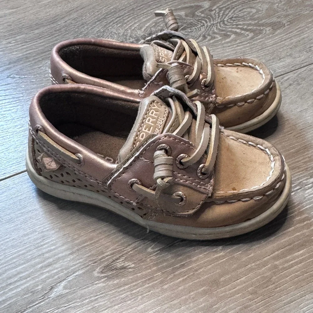 Sperry Songfish‎ Jr Girls Metallic Tan Leather Boat Shoes Toddler Size 7